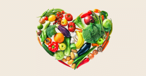 Vegetables arranged in a heart shape.