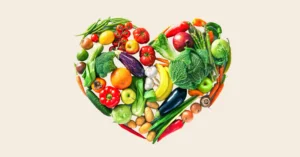 Vegetables arranged in a heart shape.