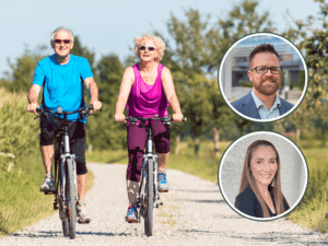 An older couple cycles outdoors on a sunny day, with inset of Prof Josh Lewis and Dr Simone Radavelli Bagatini