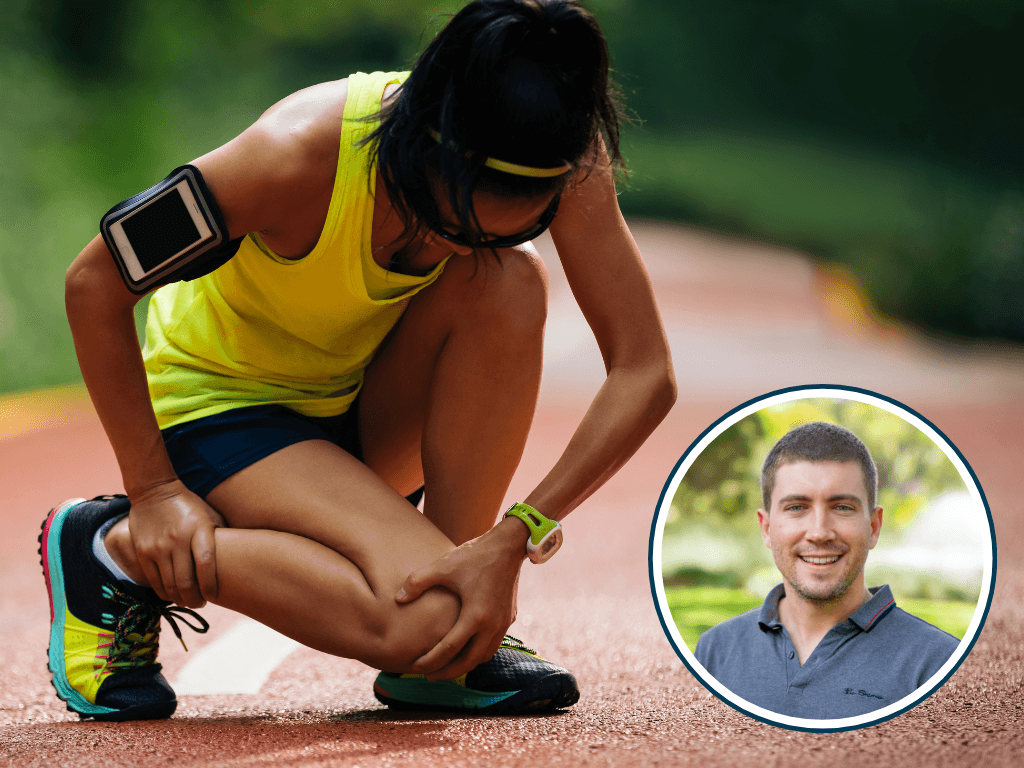 A woman in athletic gear crouches on a running track, clutching her ankle in apparent pain. She wears a bright yellow tank top, navy shorts, and running shoes. An inset circular photo features Dr. Myles Murphy.