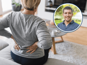 A woman holding her lower back in pain sits on a couch in a modern living room, with an inset of Dr Myles Murphy.