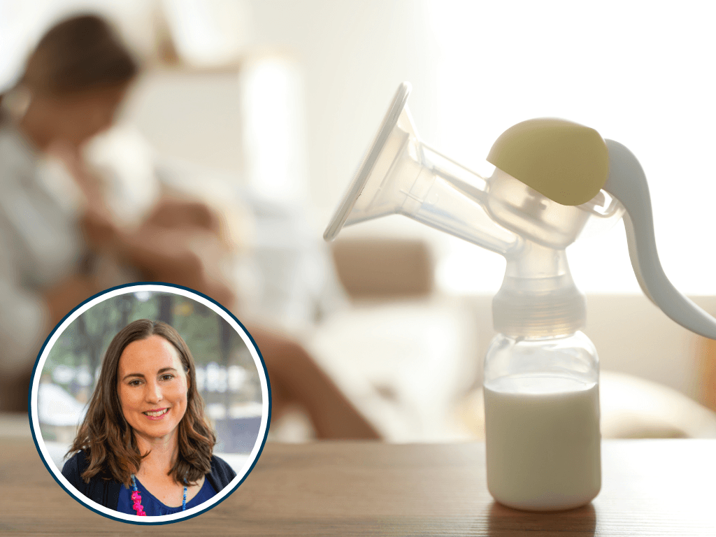 A close-up image of a breast pump filled with milk sitting on a wooden surface, with a blurred background of a mother nursing her baby. An inset photo shows Associate Professor Therese O'Sullivan smiling.