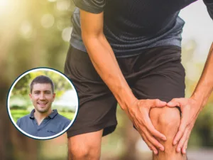 A person clutching their knee. The background is outdoors, with natural lighting and a blurred setting. Inset in the image is a circular portrait of Dr Myles Murphy.