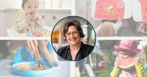 Collage of five photos. The central photo features Dr. Ros Sambell. Surrounding it are four photos of children eating different foods.