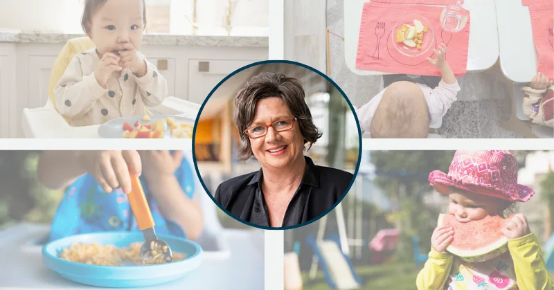 Collage of five photos. The central photo features Dr. Ros Sambell. Surrounding it are four photos of children eating different foods.