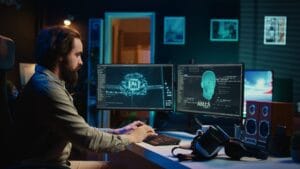 Programmer at home talking with conscious AI superintelligence using VR tech