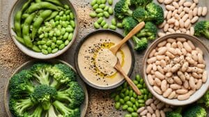 Variety of healthy plant based protein sources with broccoli and beans